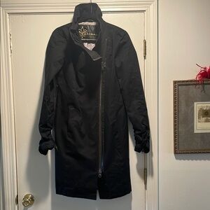 Mackage Black Leather Trim Ruched Zippered Sleeve High Collar Zip Down Jacket